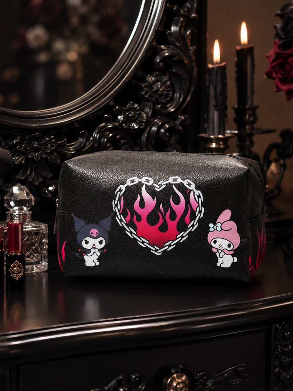 Sanrio Kuromi My Melody Flame Heart Makeup Bag NWT